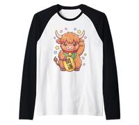 Kawaii Highland Cow Maneki Neko Fortune Granja Japonesa Camiseta Manga Raglan