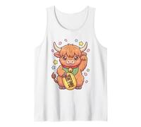 Kawaii Highland Cow Maneki Neko Fortune Granja Japonesa Camiseta sin Mangas