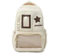 Kawaii Ita Backpack Japanese Style Large Nylon Backpack with Clear Display Window Star Aesthetic, Ita Pin Bags Includes a Badge Card and a Star Plush Charm (Beige)