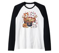 Kawaii Japonés Anime Gato Ramen Chibi Gato Comiendo Fideos Camiseta Manga Raglan
