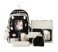 Kawaii - Juego de 5 mochilas escolares estéticas de 17 pulgadas con bolsa de hombro, caja de lápices, bolsa de mano, bolsa pequeña, negro, 17in, Mochilas de día