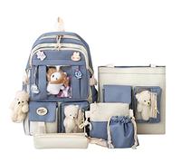 Kawaii - Juego de 5 mochilas escolares estéticas de 17 pulgadas con bolsa de hombro, caja de lápices, bolsa pequeña, azul, 17 pulgadas, mochilas de día, Blue, 17in, Mochilas de día