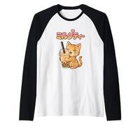 Kawaii Kitty Cat Loves Bubble Tea Lindo Estilo Anime Camiseta Manga Raglan
