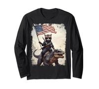 Kawaii Ninja Cat Riding Dinosaurio Bandera Americana Patriótica Manga Larga