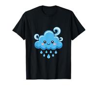 Kawaii Nube Lluvia Gotas Sonrisa Infantil Azul Camiseta