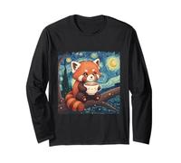 Kawaii Panda Rojo Sosteniendo Una Taza Diseño Noche Estrellada Manga Larga