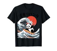 Kawaii Panda Surfing Wave Japanese Style Ocean Sunset Camiseta