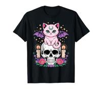 Kawaii Pastel Goth Cute Creepy Cat Floral Bat Skeleton Camiseta