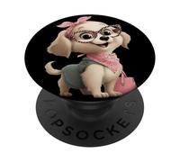 Kawaii Puppy Character Dog Retrato Rosa Leopardo Gafas PopSockets PopGrip Adhesivo
