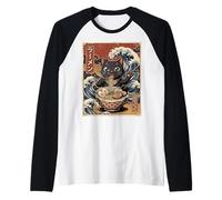 Kawaii Ramen Cat Japanese Wave Art Retro Anime Amante de los Fideos Camiseta Manga Raglan