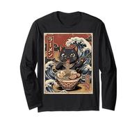 Kawaii Ramen Cat Japanese Wave Art Retro Anime Amante de los Fideos Manga Larga