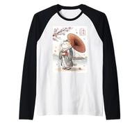 Kawaii Retro Japón Anime Gato Kimono Paraguas Sakura Japonés Camiseta Manga Raglan