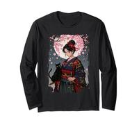 Kawaii Samurai Girl Cat Anime Flor de Cerezo Japonés Manga Larga