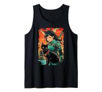 Kawaii Samurai Girl Cat Anime Japonés Retro Hombres Mujeres Niños Camiseta sin Mangas