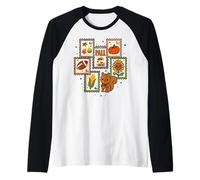 Kawaii - Sellos Postales de otoño con diseño de Ardilla y Hojas de otoño Camiseta Manga Raglan