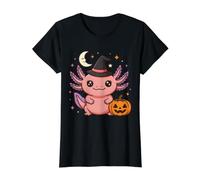 Kawaii - Sombrero de Bruja de ajolote de Halloween, Calabaza, Luna, Rosa, Lindo Camiseta gráfica económica, Mujer, Negro, L