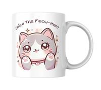 Kawaii - Taza de café con diseño de gato con diseño de juego de palabras, bonito regalo para amantes del café y los amantes de los gatos, bonita taza de té estilo anime (Seize the Meow-ment)