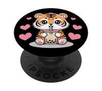 Kawaii Tiger Boba Lover Illustration PopSockets PopGrip Adhesivo