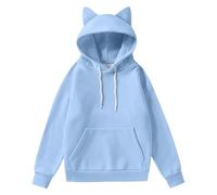 Kawaii Y2K Sudadera con capucha para mujer, sudadera con capucha bonita con cordón y bolsillo, ajuste holgado, sudadera con orejas de gato, camiseta de manga larga, informal, suéter largo, azul claro