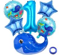 Kawailay 1. Ballena Decoración para cumpleaños, diseño de animales marinos, globos de 1º cumpleaños, globos de ballena, globos azules, número 1, globos para niños, 7 unidades