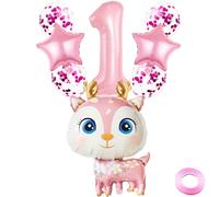 Kawailay 1. Decoración de cumpleaños de alce, diseño de reno para el primer cumpleaños, diseño de ciervo, alce, color rosa, número 1, globos para niñas, cumpleaños, fiestas temáticas