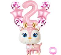 Kawailay 2. Decoración de cumpleaños de alce con diseño de reno para 2º cumpleaños, globos de ciervo, alce rosa, número 2, globos para niñas, fiestas temáticas