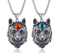 Kawailay 2 unidades de collar de lobo con colgante de cabeza de lobo Rock Punk Hip Hop cadena rapero motorista fresco collar para hombres - ojo rojo y azul