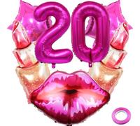 Kawailay 20. Pintalabios para cumpleaños, decoración de cumpleaños, beso y labios, globos de 20 años, globos de color rosa, número 20, globos para niñas, mujeres, cumpleaños, fiestas temáticas