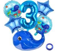 Kawailay 3. Ballena Decoración de cumpleaños con diseño de animales marinos para 3er cumpleaños, globos de ballena, globos azules, número 1, globos para niños y niñas, fiesta temática