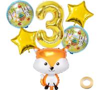 Kawailay 3. Fox, decoración de cumpleaños, animales del bosque, 3º cumpleaños, globos de zorro, globos dorados con número 3, globos para niños y niñas, fiesta temática