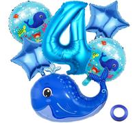 Kawailay 4. Ballena decoración de cumpleaños con diseño de animales marinos para 4º cumpleaños, globos de ballena, globos azules, número 4, globos para niños y niñas, fiesta temática