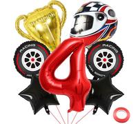 Kawailay 4. Decoración de cumpleaños de coche de carreras Globos Trofeos Casco Neumáticos Globo de látex rojo Número 4 Globo para fiesta de cumpleaños de niño