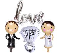 Kawailay 4 Globos Gigantes de Papel para Novios - Decoración de Matrimonio, Despedida de Soltera, Boda, Compromiso, Aniversario - Letras Amor, Anillo, Diamante - Plateado