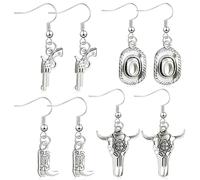 Kawailay 4 pares de pendientes de estilo occidental, estilo vintage, diseño de vaquera, estilo punk, botas, sombrero, pistola, toro, gancho para mujer, color plateado, Acero aleado