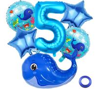 Kawailay 5. Ballena Decoración de cumpleaños con diseño de animales marinos, globos de 5º cumpleaños, globos de ballena, globos azules, número 5, globos para niños y niñas, fiesta temática