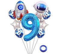 Kawailay Astronaut Rocket Globos para fiesta cumpleaños 9 cumpleaños globos cumpleaños con temática del espacio exterior globos aluminio 32 pulgadas color azul número 9 para fiesta cumpleaños niños