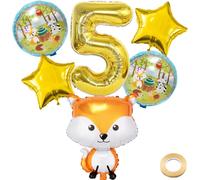 Kawailay Decoración de cumpleaños de 5º zorro, animales del bosque, decoración de 5º cumpleaños, globos de aluminio de zorro, globo dorado del número 5 para fiesta de cumpleaños de niño y niña, fiesta