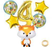 Kawailay Decoración para 4 cumpleaños: 7 globos de zorro y animales, estrellas doradas, cinta de globos y tubo de soplado para niños y niñas, 4º cumpleaños, fiesta infantil, tema de zorro