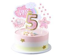 Kawailay Decoración para tarta de 5 cumpleaños para niñas, decoración de 5 cumpleaños, decoración para tartas Happy Birthday Rainbow Cake Topper nubes estrellas pastel tapa para niñas cumpleaños -