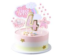 Kawailay Decoración para tartas de 4 cumpleaños para niñas, decoración de 4 cumpleaños, decoración para tartas Happy Birthday Rainbow Cake Topper Nubes Estrellas Tapas para Niñas Cumpleaños - Rosa