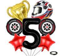 Kawailay Globos de 5 años para coche de carreras, 5º coche de carreras, decoración de cumpleaños, globos de 5 años, decoración de cumpleaños, trofeos, casco, neumáticos, globos negros con número 5,