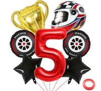 Kawailay Globos de 5 años para coche de carreras, 5º coche de carreras, decoración de cumpleaños, globos de 5 años, decoración de cumpleaños, trofeos, casco, neumáticos, globos rojos, número 5, globos
