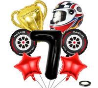 Kawailay Globos de 7 años para coche de carreras, 7 años, decoración de cumpleaños, globos de 7º cumpleaños, decoración de coche, trofeos, casco, neumáticos, globos negros con número 7, globos para
