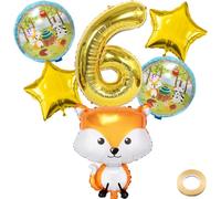 Kawailay Globos decorativos para 6 cumpleaños de zorro, animales del bosque, 6º cumpleaños, globos de zorro, globos dorados con número 6, globos para niños y niñas, fiesta temática