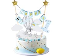 Kawailay Juego de decoración para tarta de cumpleaños para primer niño con purpurina bandera de feliz cumpleaños nubes globo aerostático estrellas para baby shower para fiesta cumpleaños niño azul