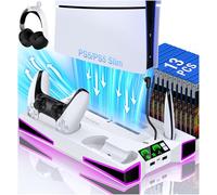 Kawaye Estación de refrigeración de soporte PS5 para consola PS5/Slim, para accesorios PS5, soporte vertical con cargador de controlador dual con ventilador de refrigeración de 3 niveles, luz RGB,