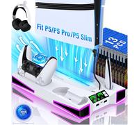 Kawaye Estación de refrigeración de soporte PS5 para consola PS5/Slim, para accesorios PS5, soporte vertical con cargador de controlador dual con ventilador de refrigeración de 3 niveles, luz RGB,