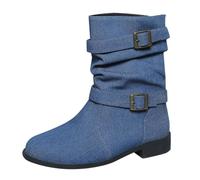 kaxnheye Botines para mujer, color sólido, botas de mezclilla con hebilla, botas casuales y cómodas, de gran tamaño, tacón bajo, puntera redonda, zapatos acogedores y elegantes, zapatos de primavera
