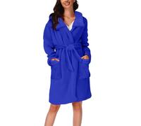 kaxnheye Pijama de franela para mujer, color liso, cuello alto, bata de baño con cordón y bolsillo, suave, para dormir, hasta la rodilla, camisón de manga larga, Azul., 3XL