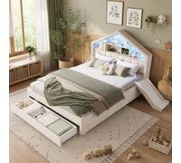 Kayan Cama infantil de 140 x 200 cm, cama tapizada con tobogán izquierda/derecha, cama tapizada con iluminación LED, puerto de carga, estantería para cabecero y gran cajón, sin colchón, color beige